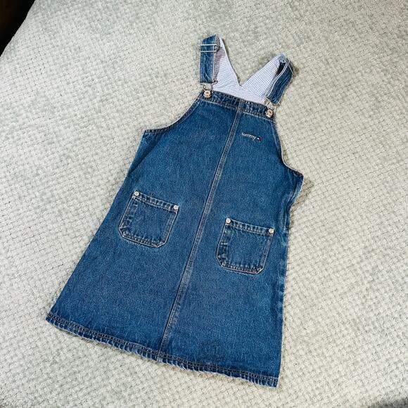 Vintage TOMMY HILFIGER Girls Blue Denim Overalls Dress Jean Flag Retro Girls M - Picture 2 of 6
